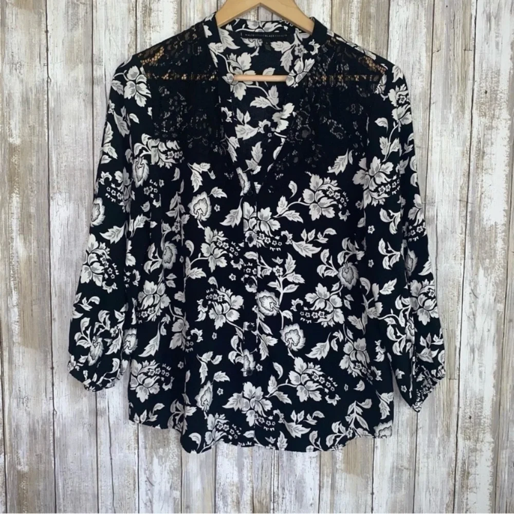 White House Black Market Black & White Floral Lace Trim Button Blouse - Picture 2 of 6